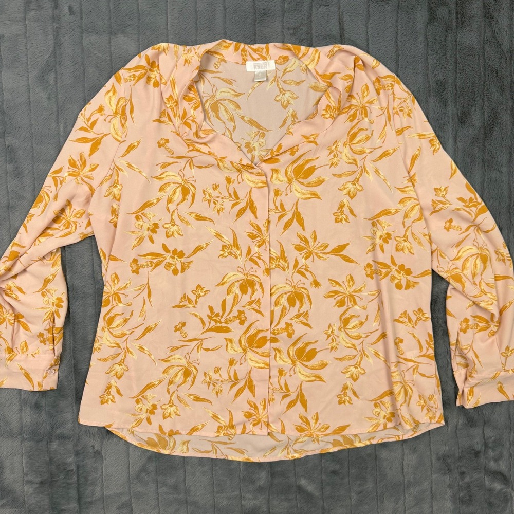 Nordstrom Rack Pink Yellow Sunset Floral Blouse Long Sleeve Button Down 1X 8343